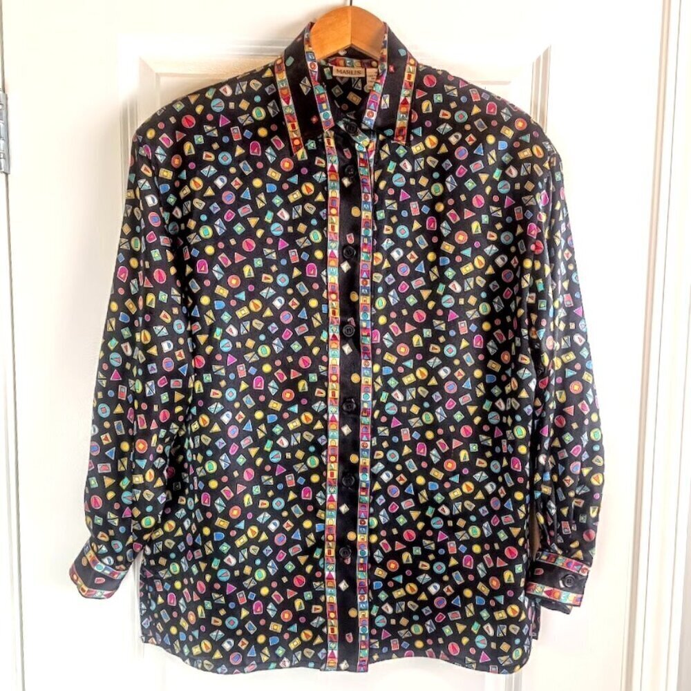 Vintage Marlis Black Multicolor Geometric Print Satin Blouse